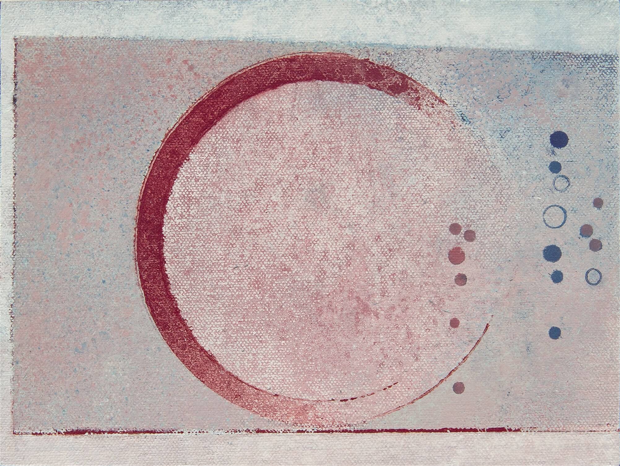 Abstract painting in pink and grey with a dark red circle and clusters of dots