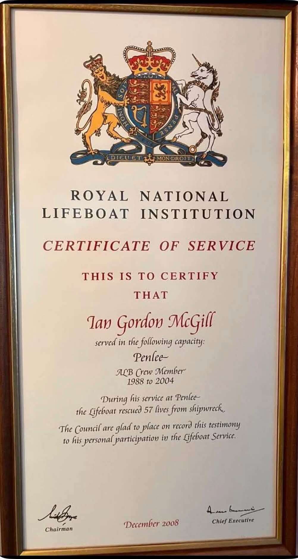 RNLI Certificate of Service awarded to Ian Gordon McGill for his time on the Penlee lifeboat crew