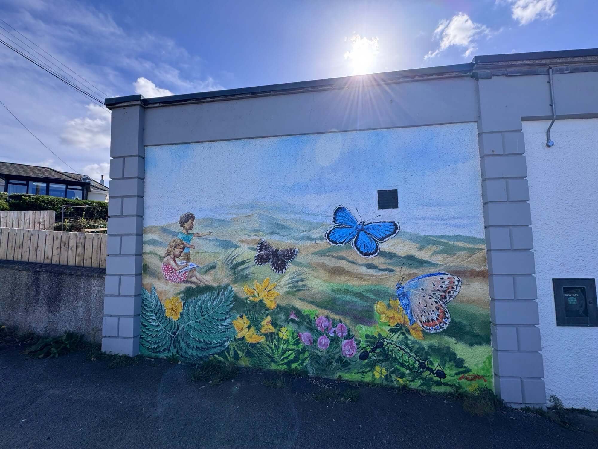 Mural of butterflies, wildflowers and two children on the wall of Perranporth Community Library