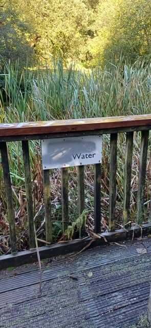 A spray-painted sign on the pond decking railings in Camelford
