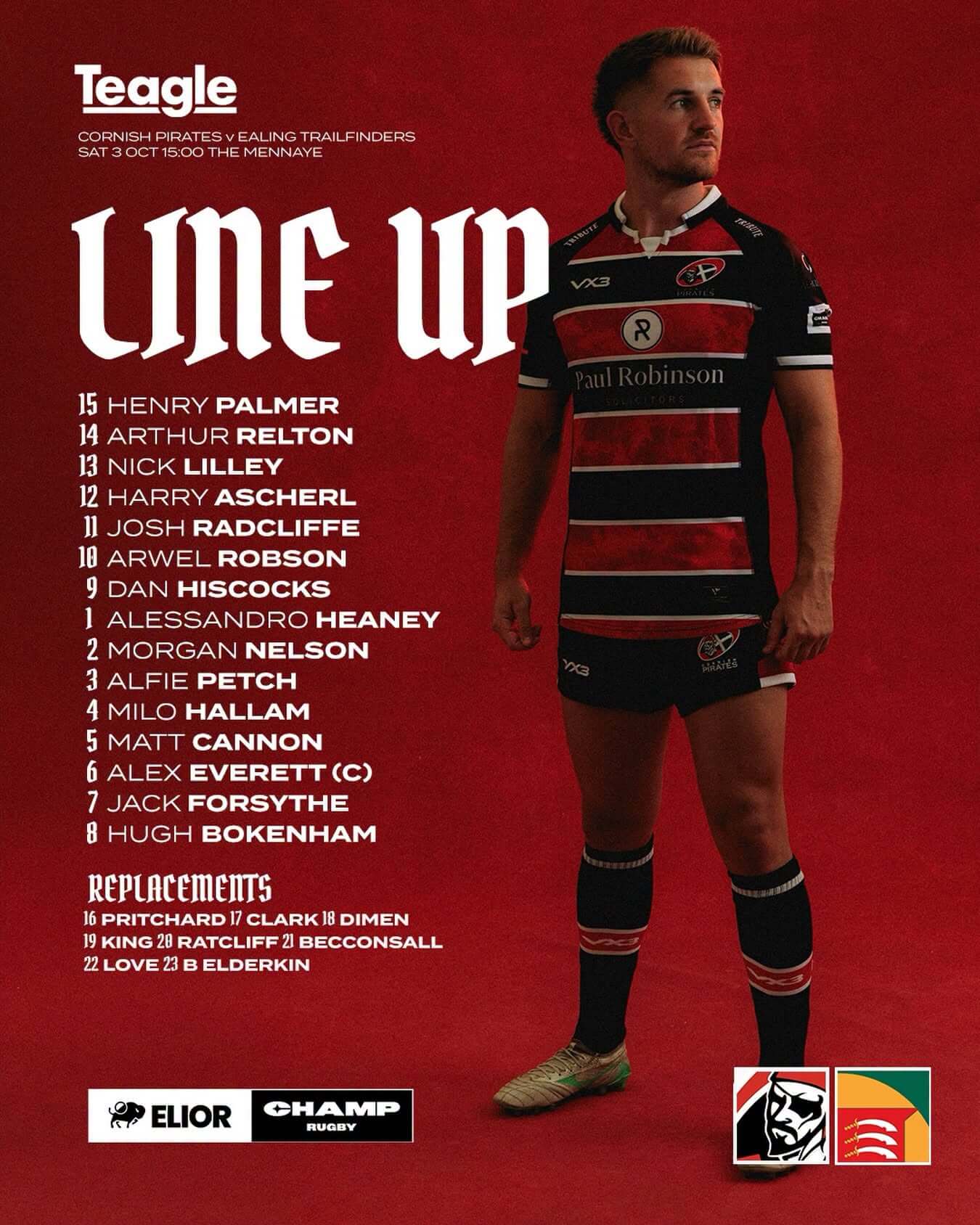 Cornish Pirates line up to face Ealing Trailfinders at the Mennaye