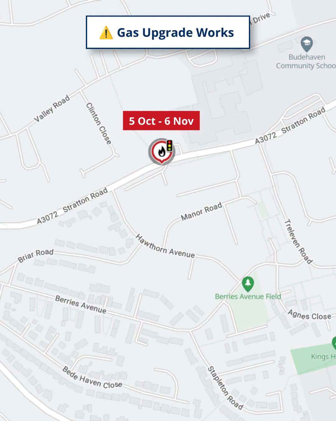 Map showing the location of gas upgrade works on the A3072 Stratton Road in Bude, 5 October to 6 November