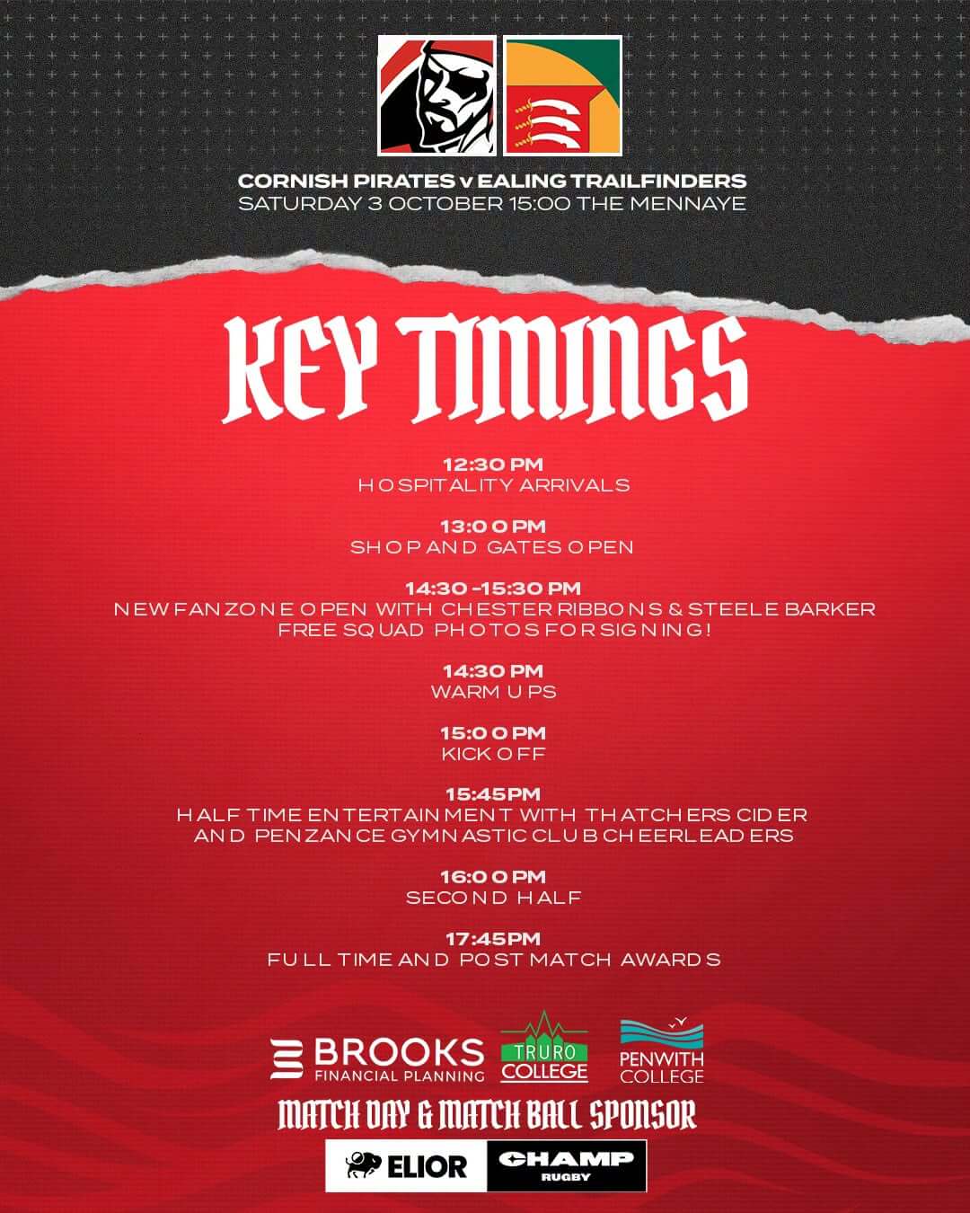 Key timings for Cornish Pirates v Ealing Trailfinders at the Mennaye