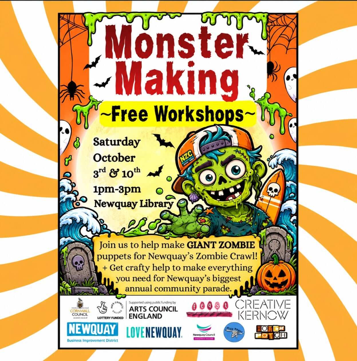 Poster for the free Monster Making Workshops at Newquay Library on 3 and 10 October