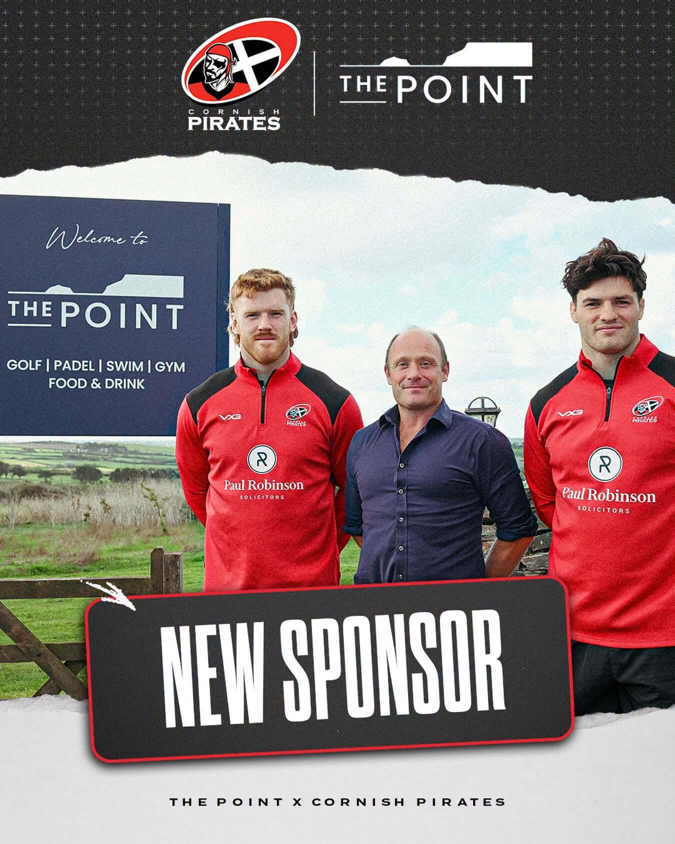 Two Cornish Pirates players with a representative of The Point at Polzeath beside the venue's welcome sign