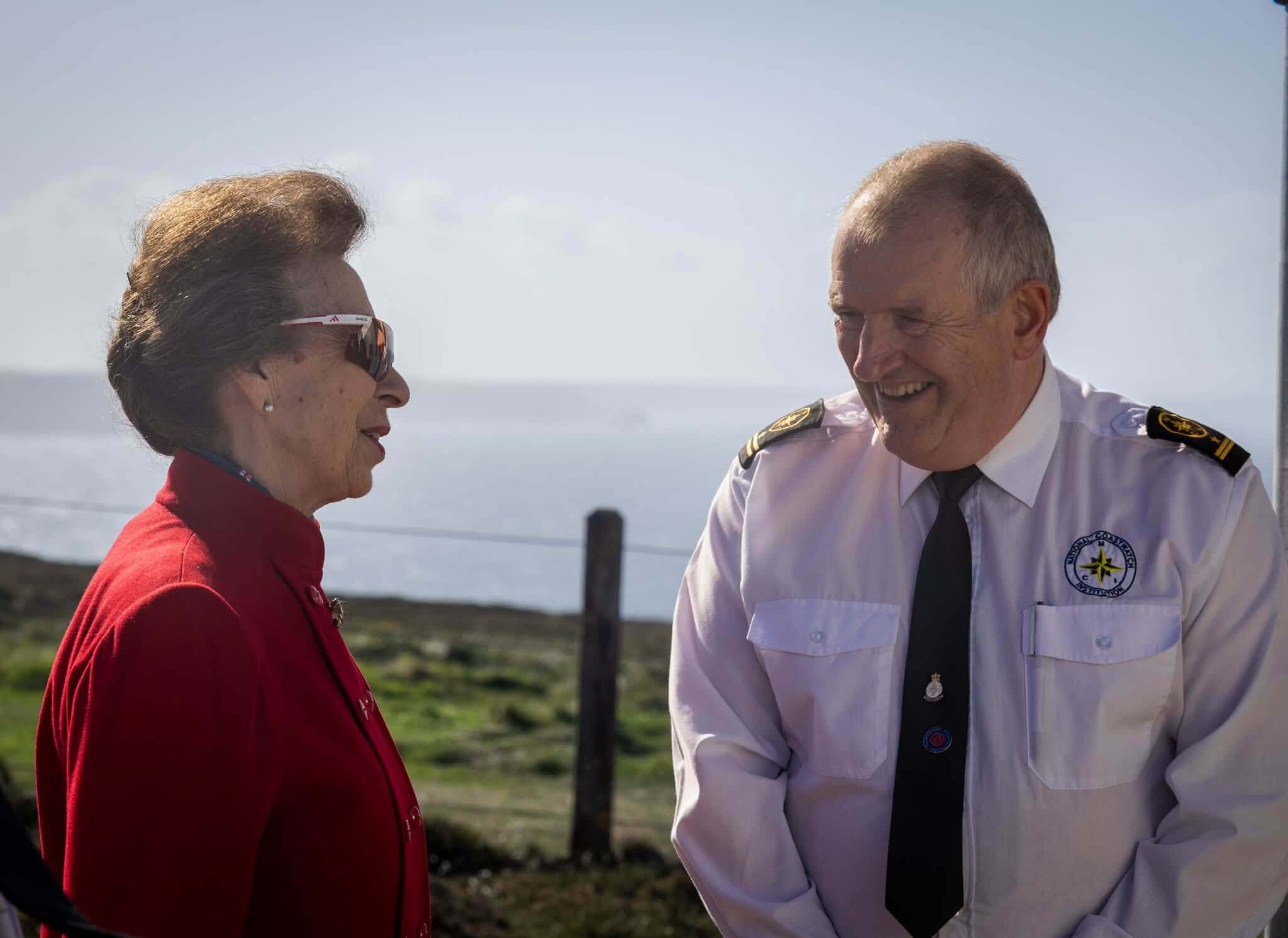 The Princess Royal with an NCI volunteer on the clifftop at St Agnes Head