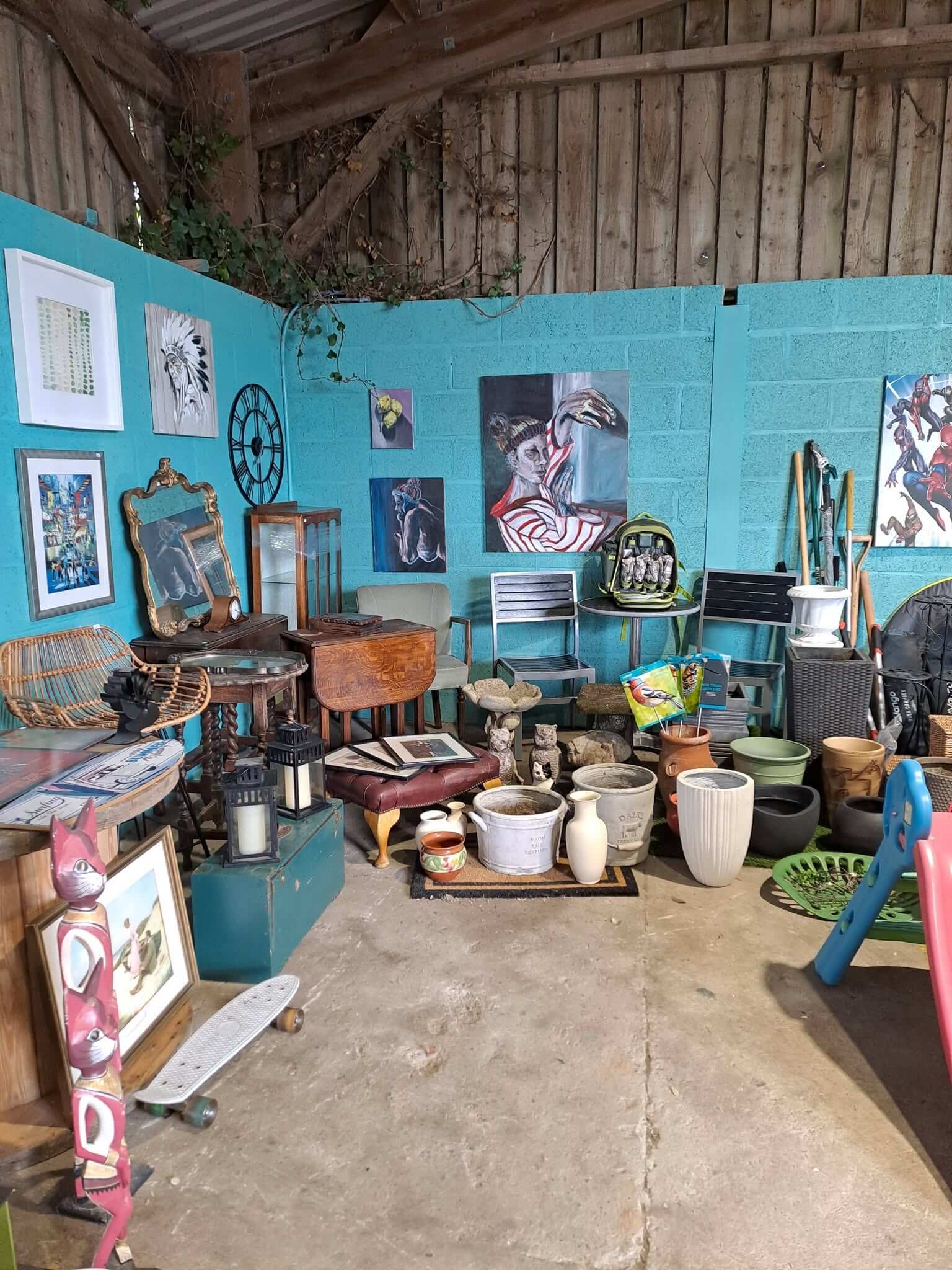Paintings, furniture and garden pots on sale at the Kernow Reuse Shop in Newquay