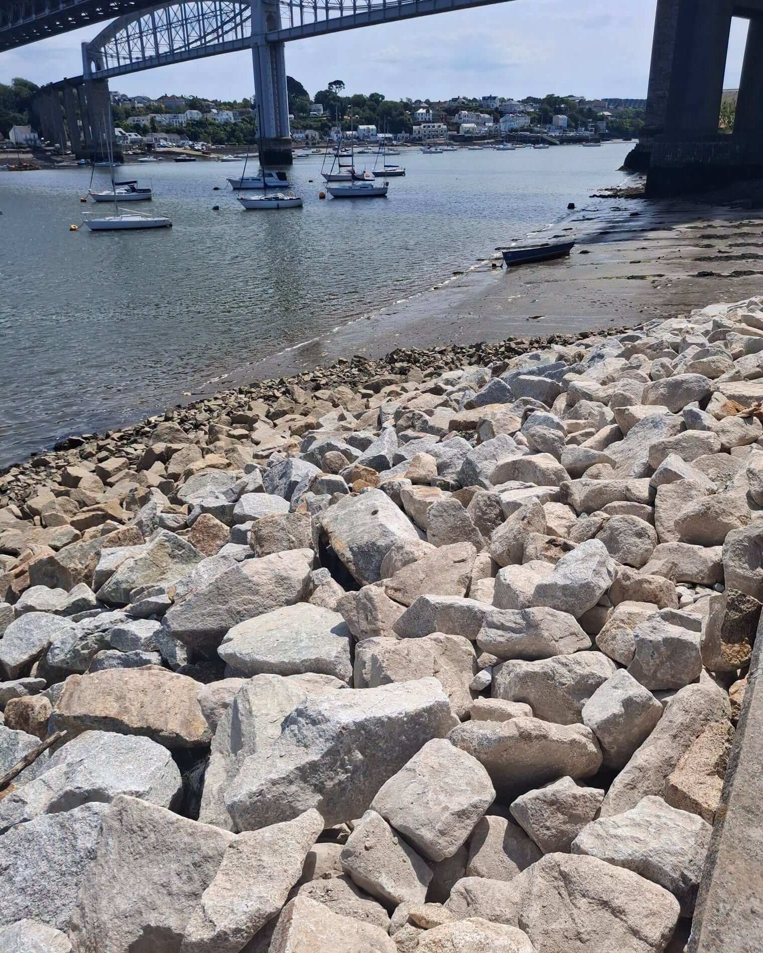 New rock defence at Jubilee Green with boats moored on the Tamar