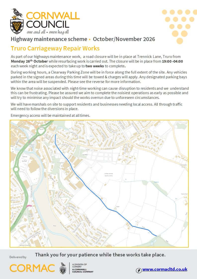 Cornwall Council and Cormac leaflet for the Trennick Lane, Truro carriageway repair works, with a map of the closure