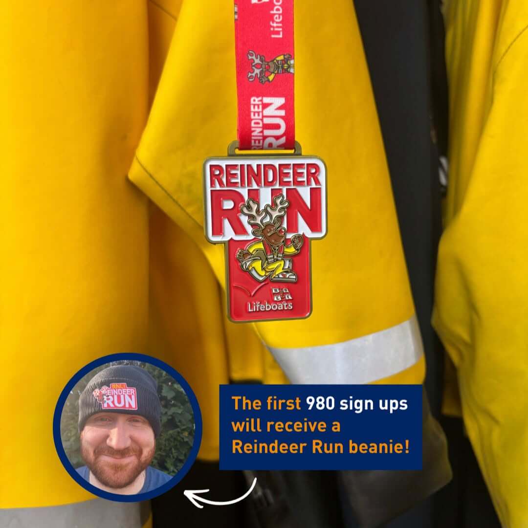 RNLI Reindeer Run medal in front of yellow crew kit, with an inset of a man wearing a Reindeer Run beanie