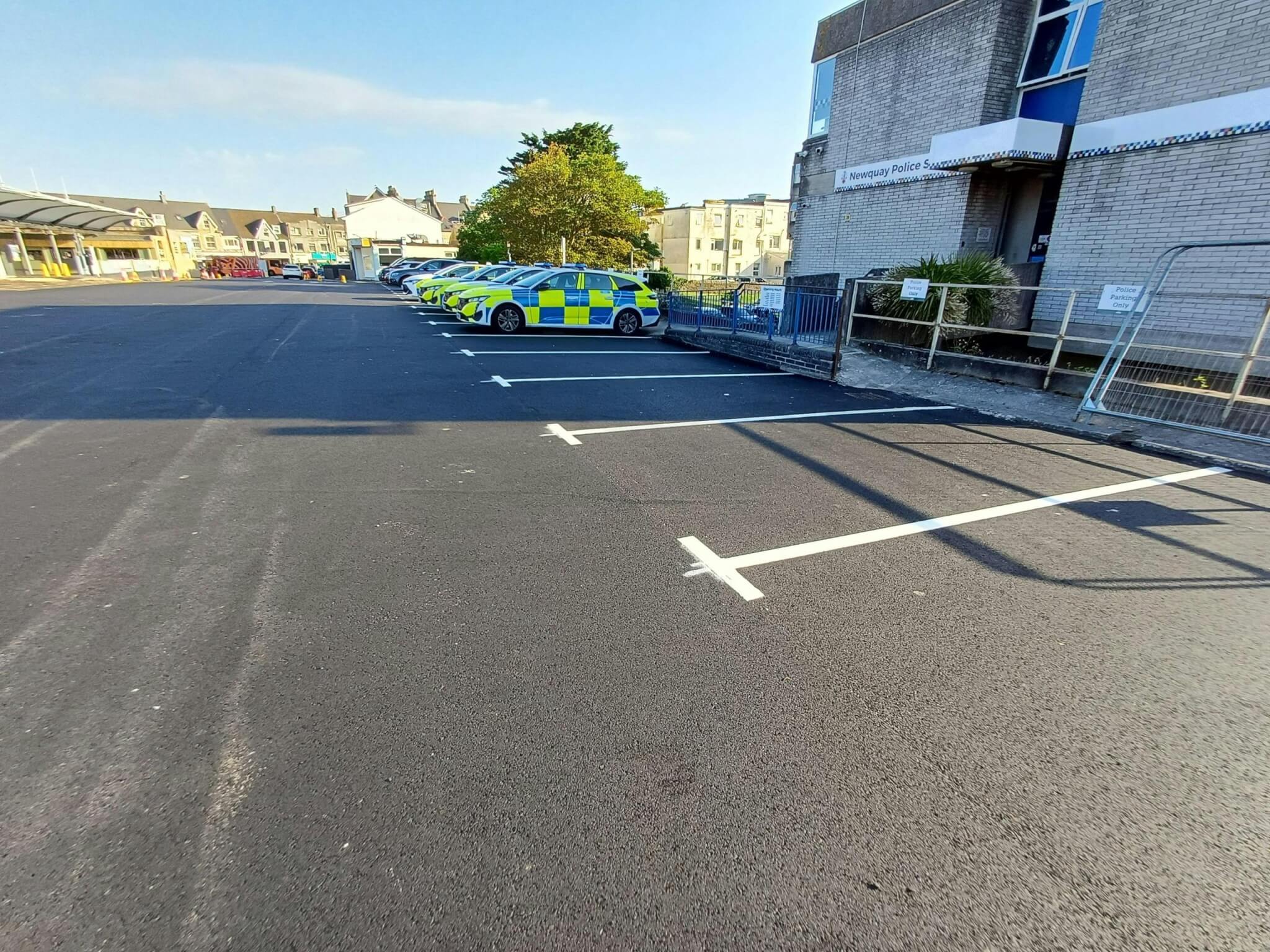 Freshly marked parking bays beside Newquay Police Station