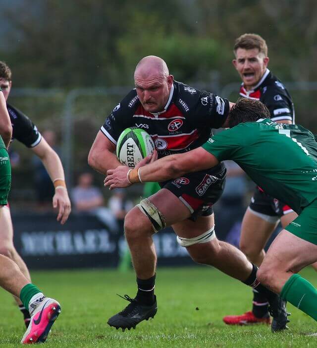 Cornish Pirates captain Alex Everett carrying the ball into an Ealing Trailfinders tackle
