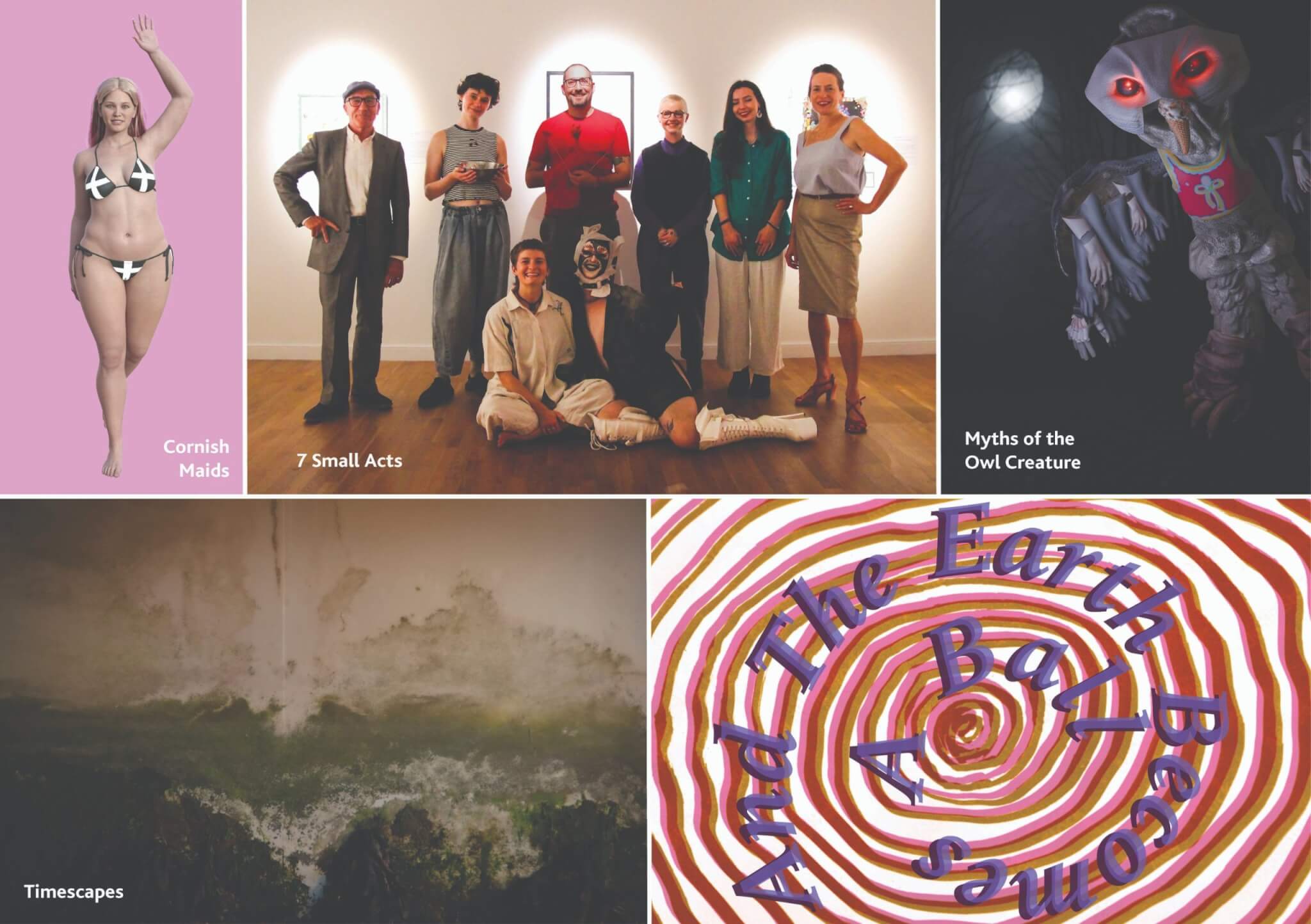Collage of the five Artist Takeover projects at Falmouth Art Gallery