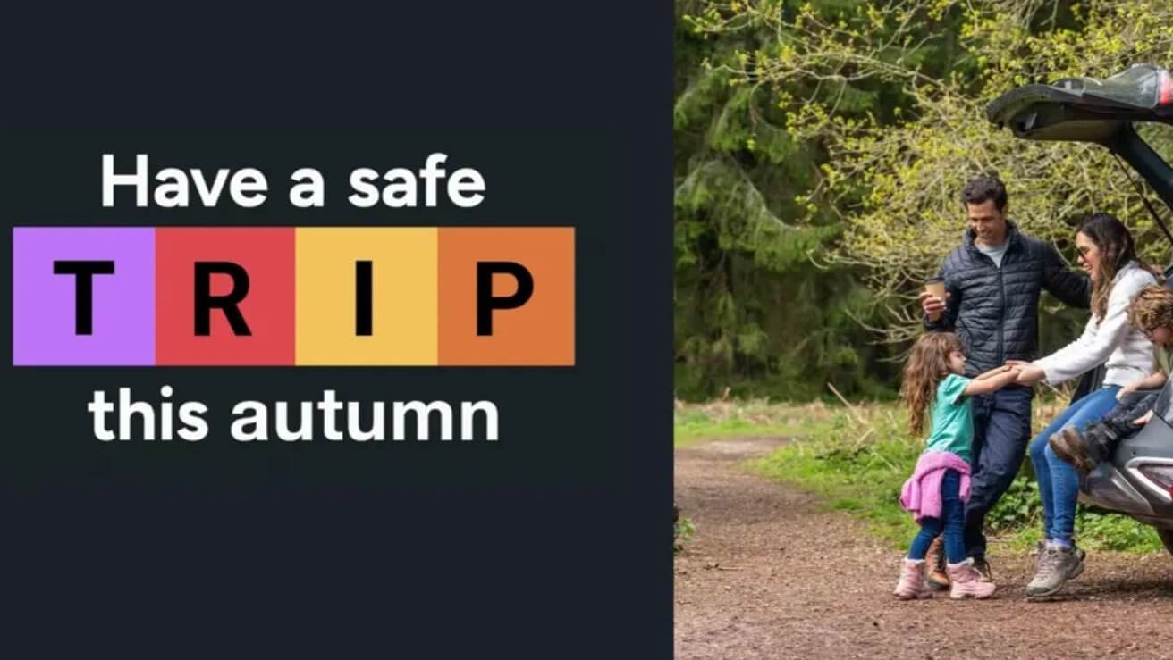 National Highways Have a safe TRIP this autumn campaign graphic with a family beside a car