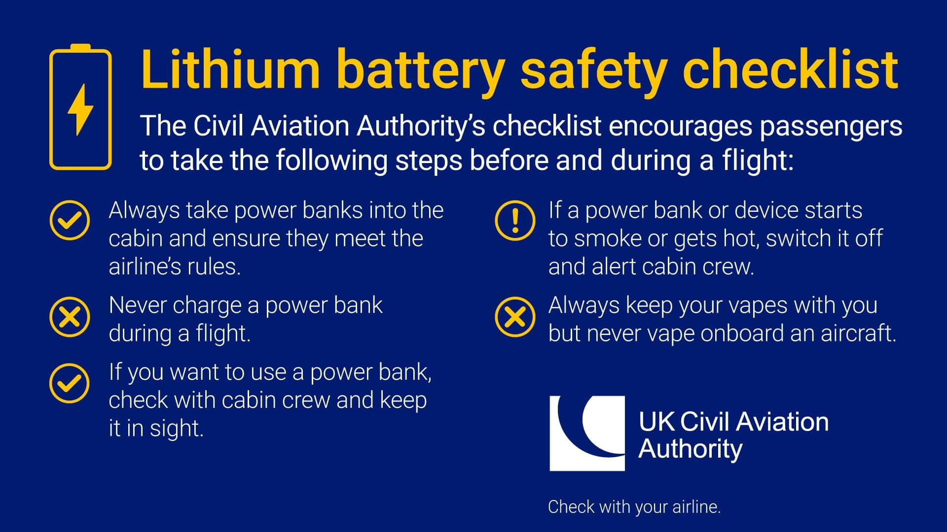 The Civil Aviation Authority's lithium battery safety checklist