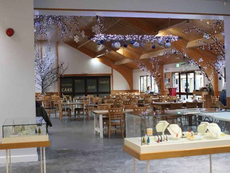 Cafe at Cornwall Gold decorated with Christmas lights