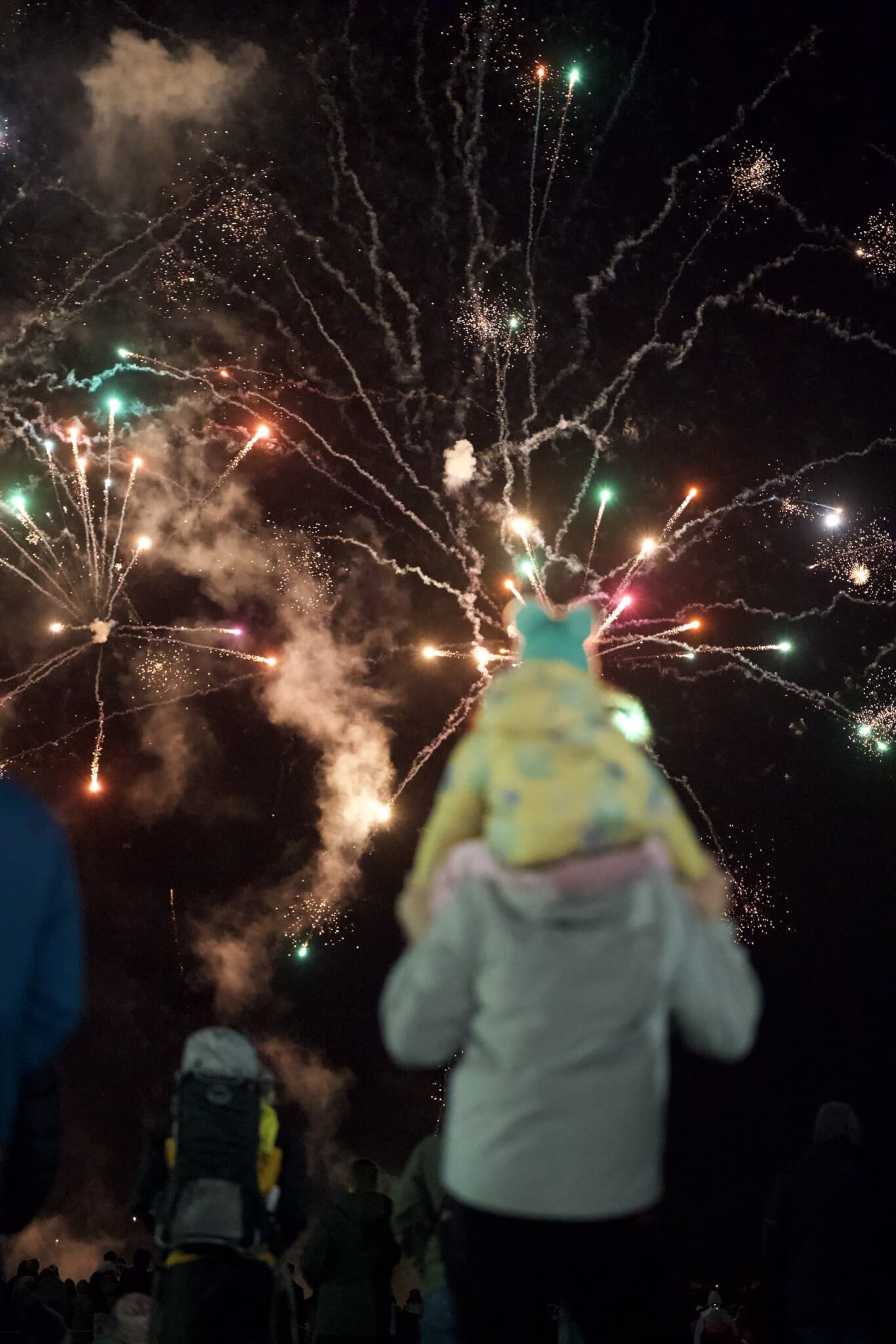 Child on a parent's shoulders watching fireworks
