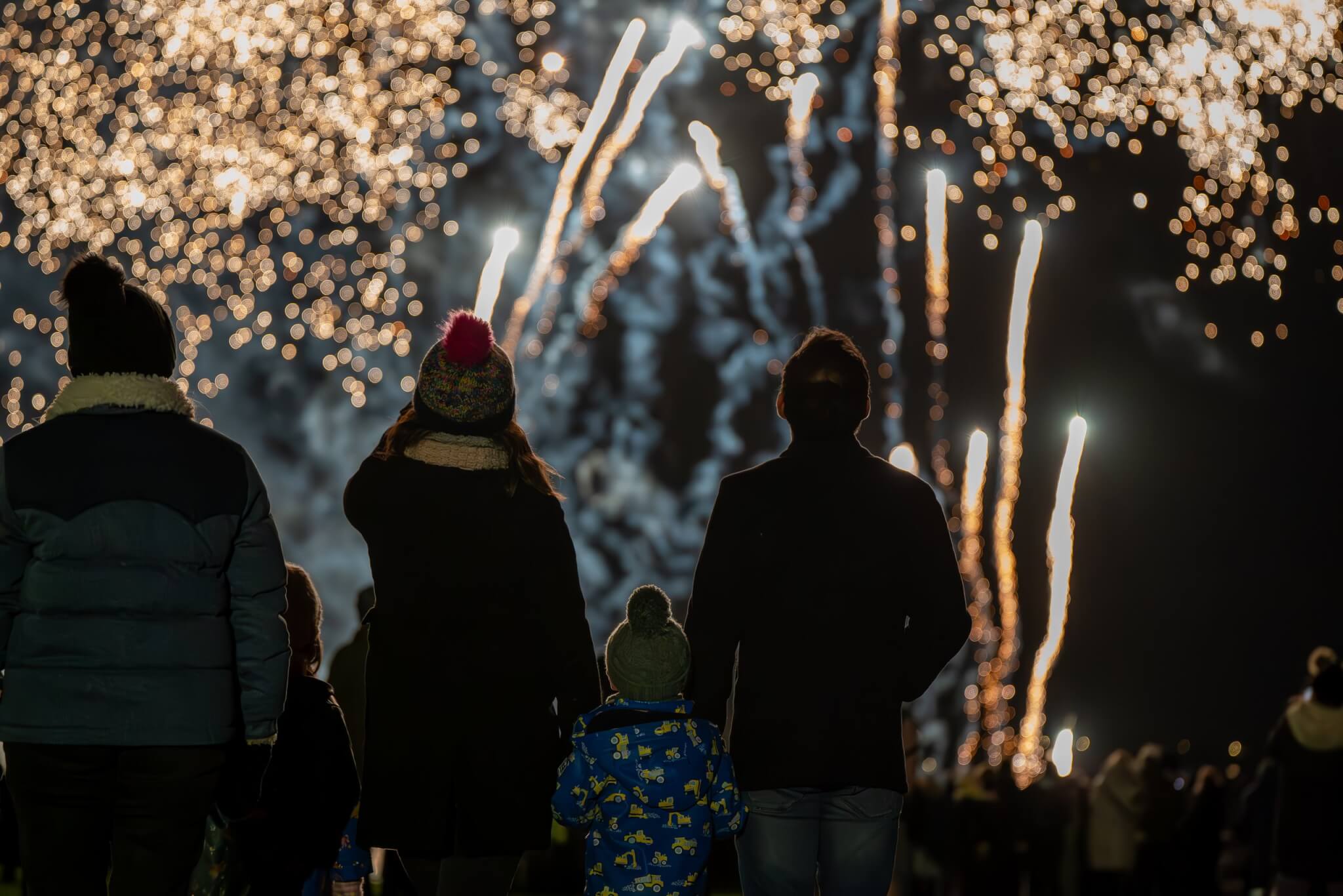 Families silhouetted against a fireworks display
