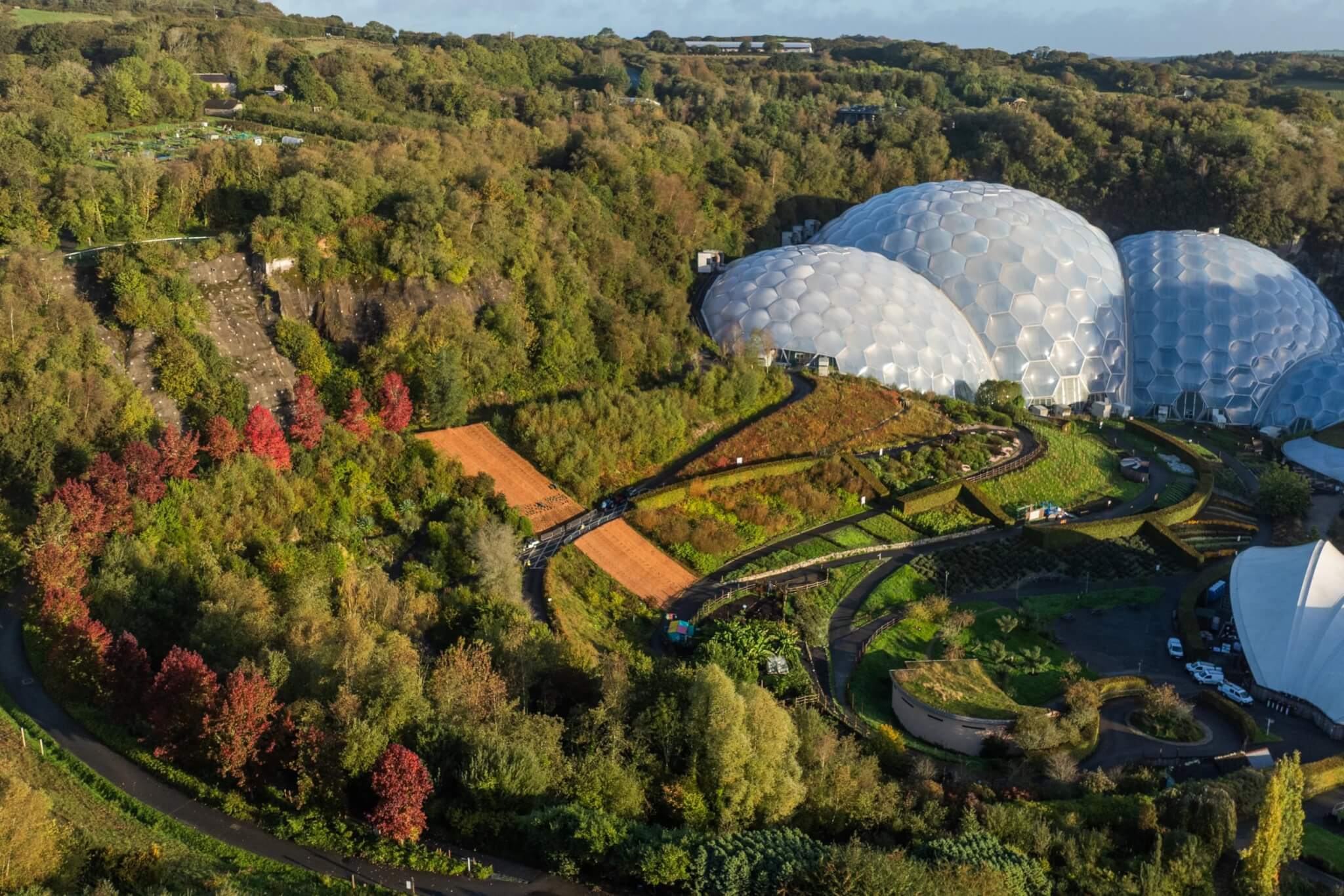 Aerial view of the Eden Project biomes and the Silver Staircase bank