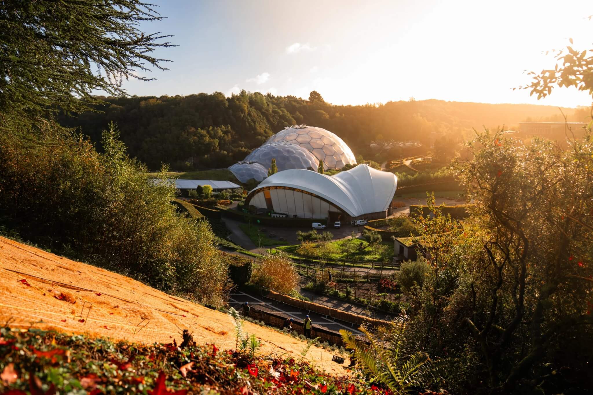Silver Staircase slope at sunrise with the Eden Project biomes below
