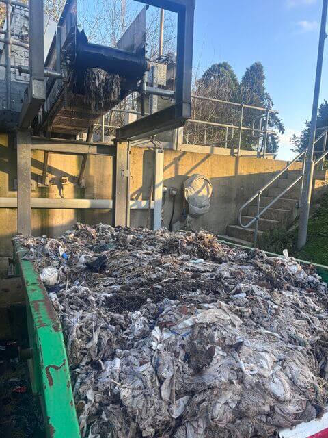 A skip filled with wet wipes screened out of the sewer network