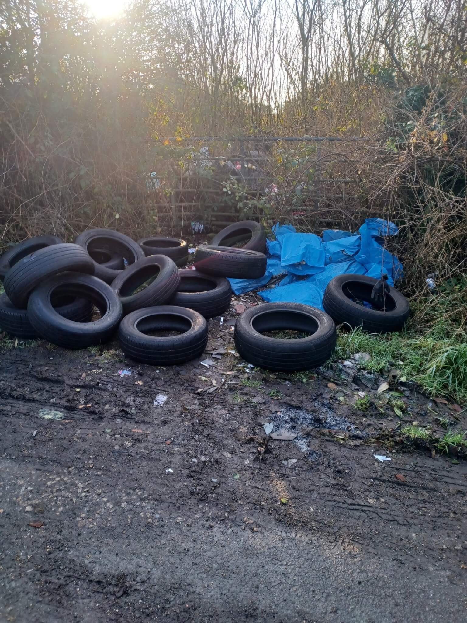 Dumped tyres and blue sheeting beside a lane