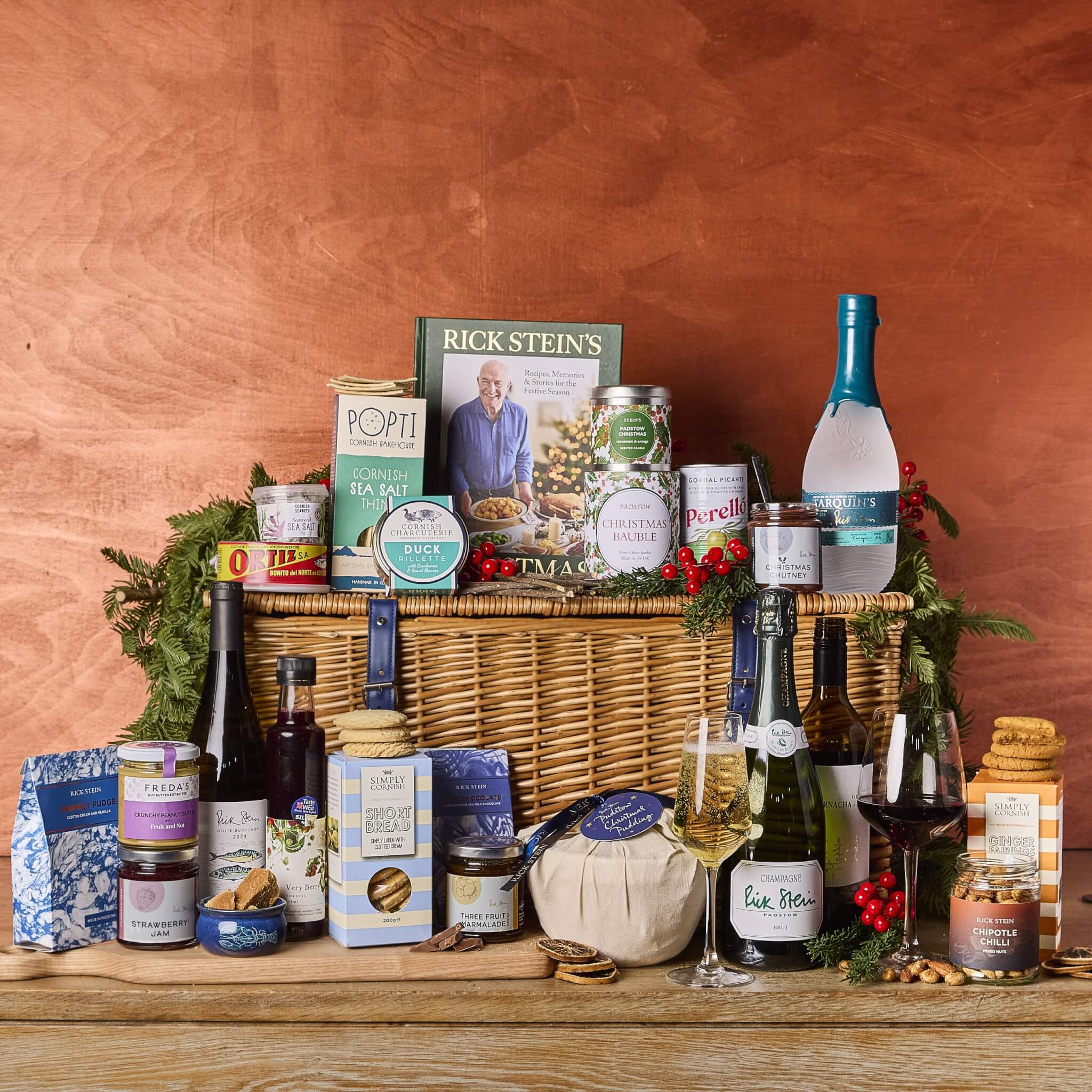 Rick Stein Luxury Christmas Hamper in a wicker basket