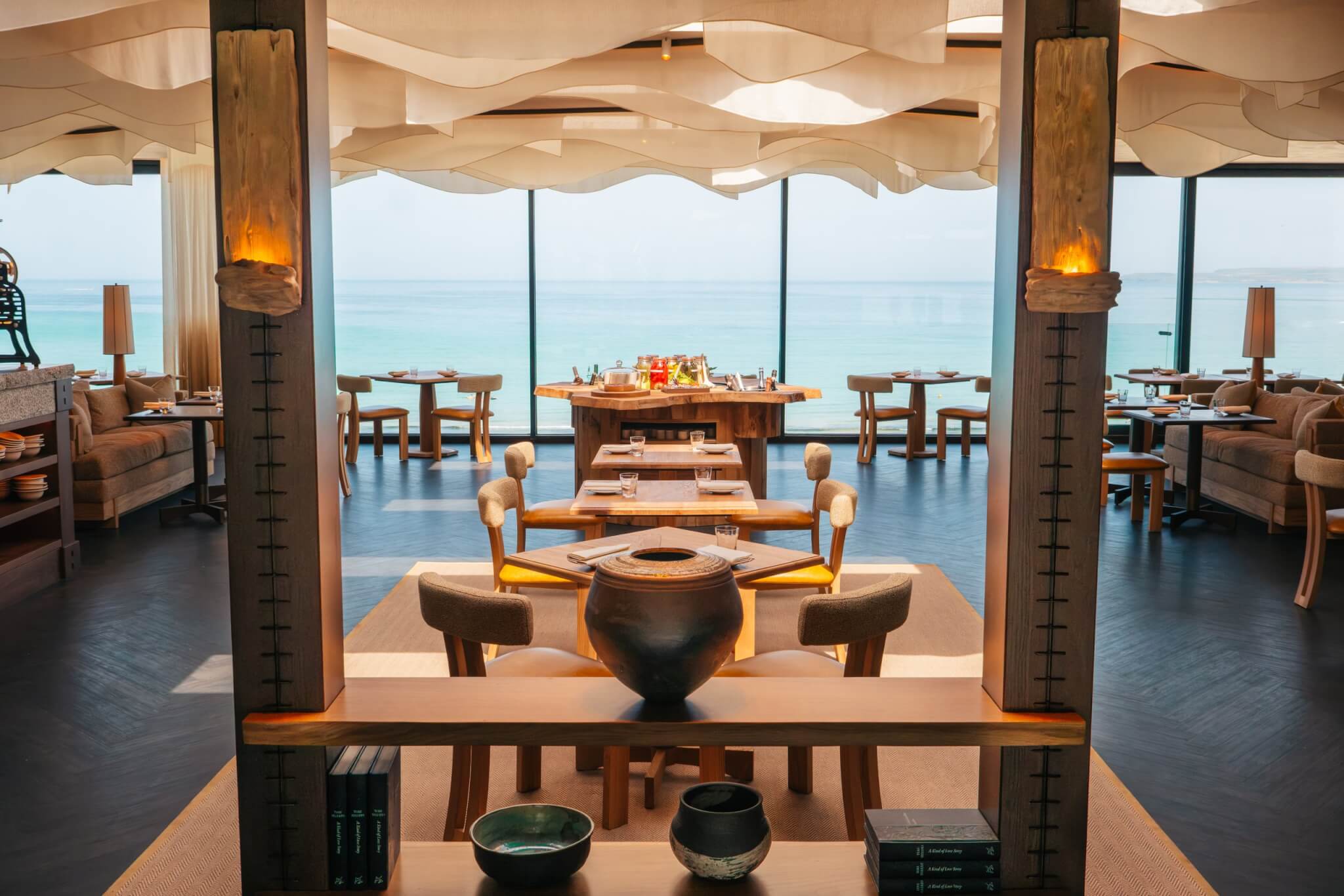 MOR restaurant dining room with sea views over Carbis Bay