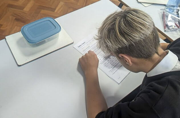 A student reading a sales team worksheet