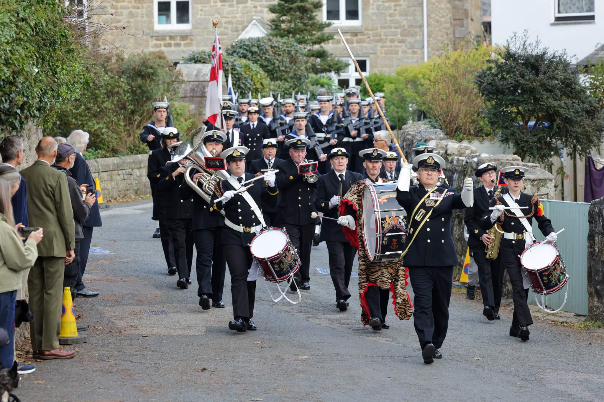 Royal Navy sailors and band parading through Madron for Trafalgar Day
