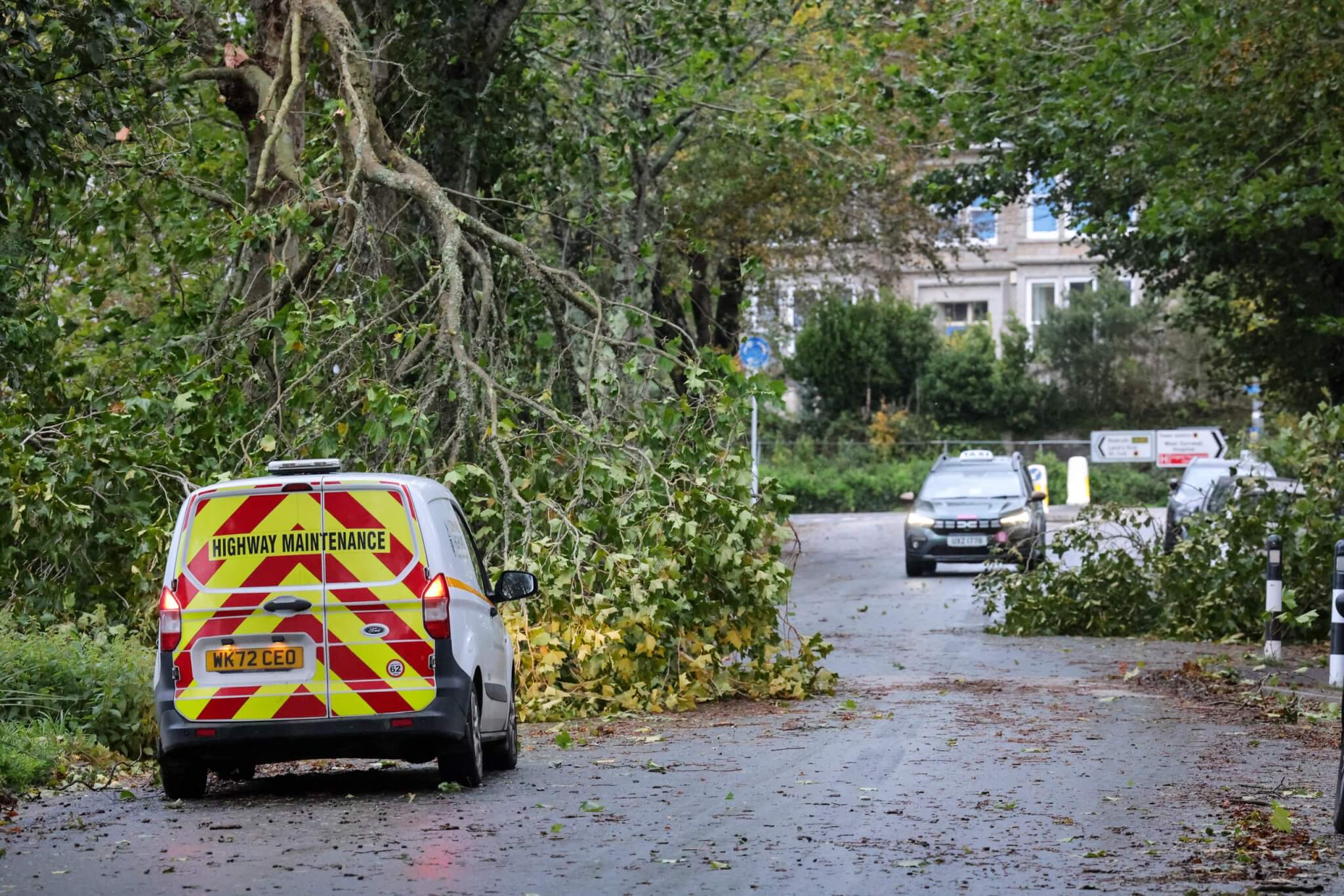 Highway maintenance van beside fallen branches on Alexandra Road, Penzance