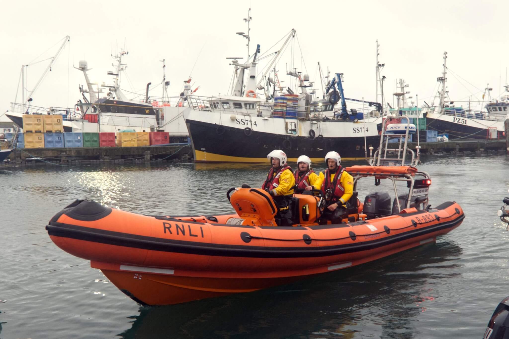 Penlee RNLI's Atlantic 85 inshore lifeboat Mollie and Ivor Dent with three volunteer crew