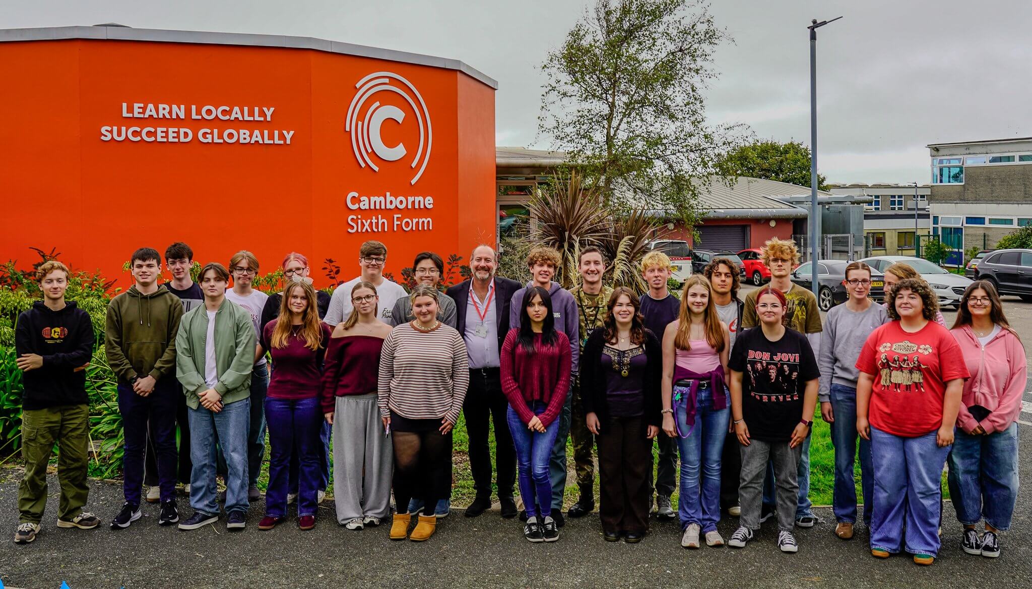 Perran Moon MP with A-level Politics and CSLA students outside Camborne Sixth Form