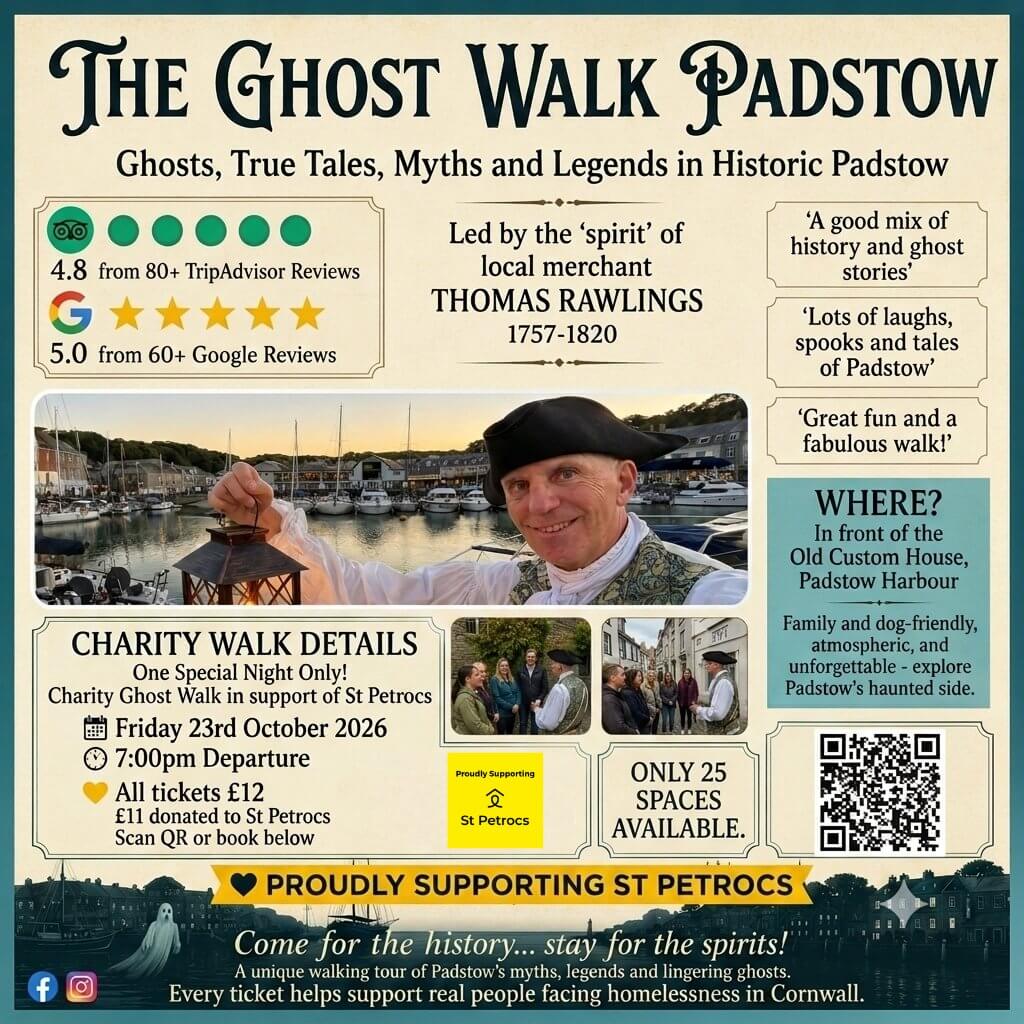 Poster for the Ghost Walk Padstow charity walk in support of St Petrocs on Friday 23 October 2026