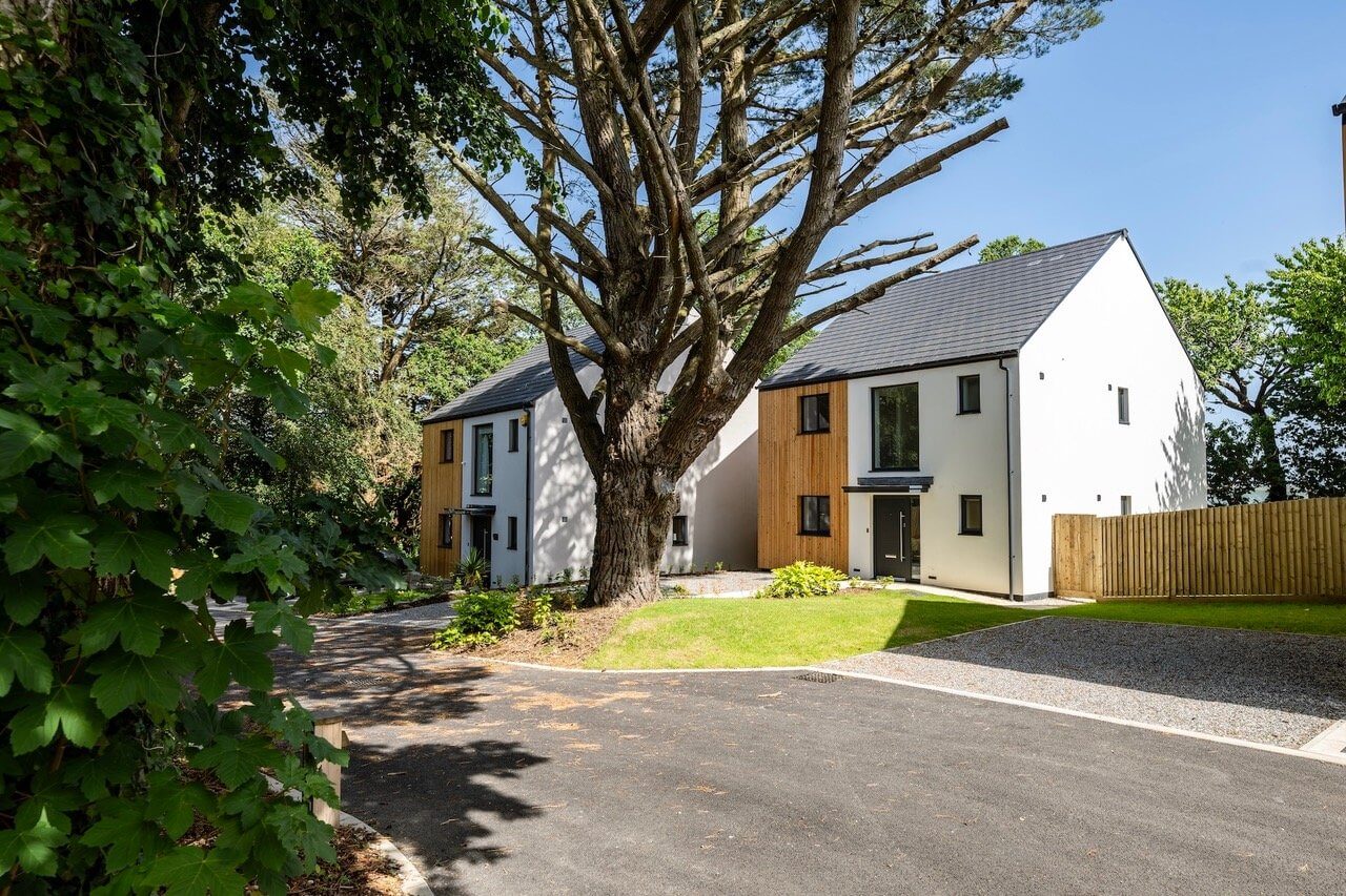 Two new homes either side of a mature tree at Roselyon in Par