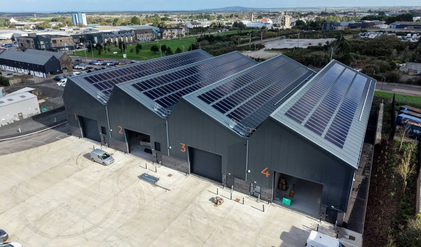 Aerial view of new industrial units with solar roofs at South Crofty