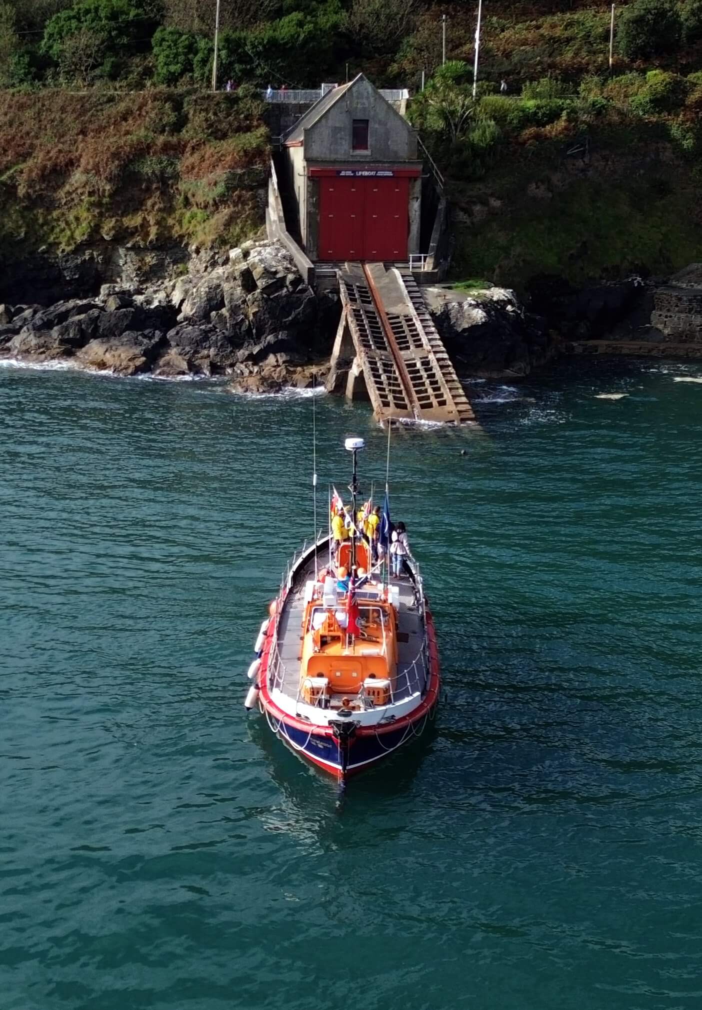 Watson class lifeboat A.M.T. facing the slipway of the former Penlee lifeboat station