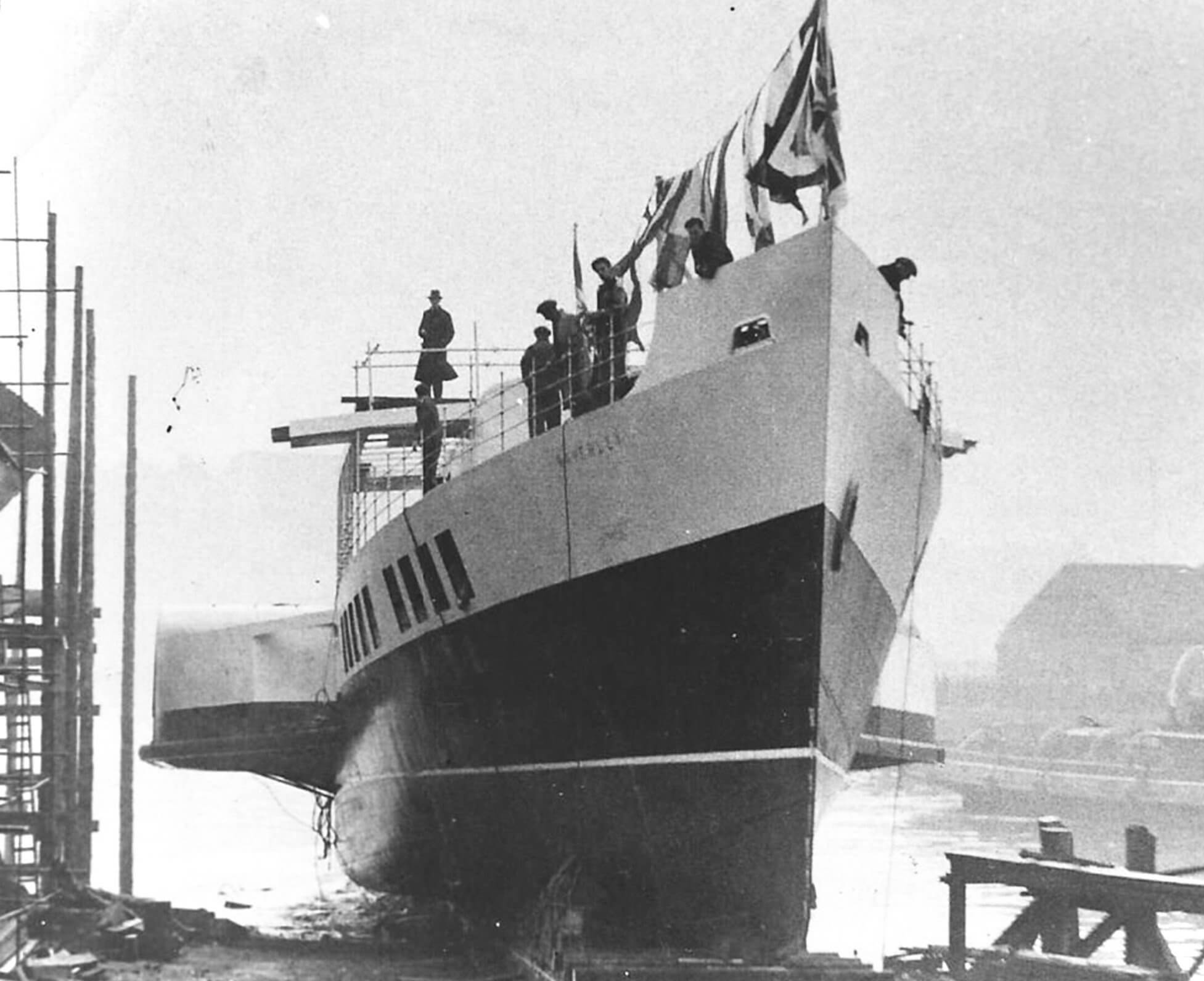 Black and white photo of Waverley on the slipway at her launch in 1946