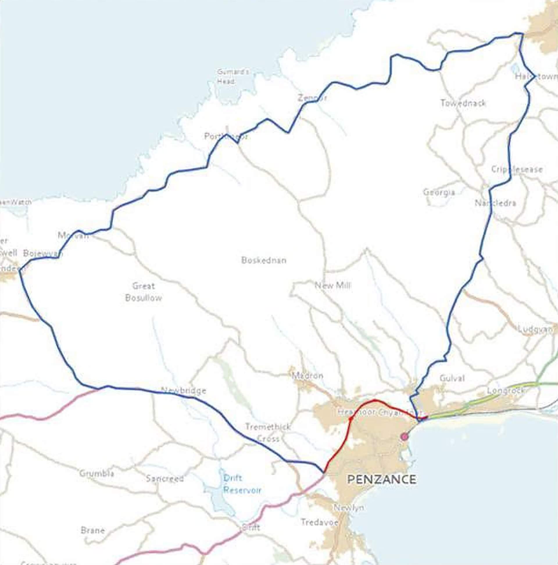 Map of the A30 Penzance Bypass closure in red and the diversion route in blue