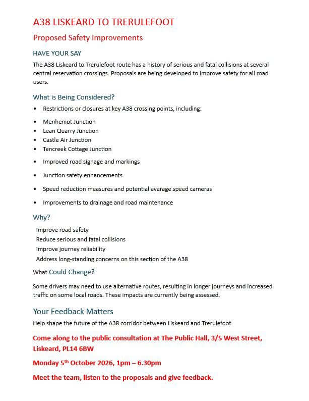 A38 Liskeard to Trerulefoot proposed safety improvements consultation leaflet