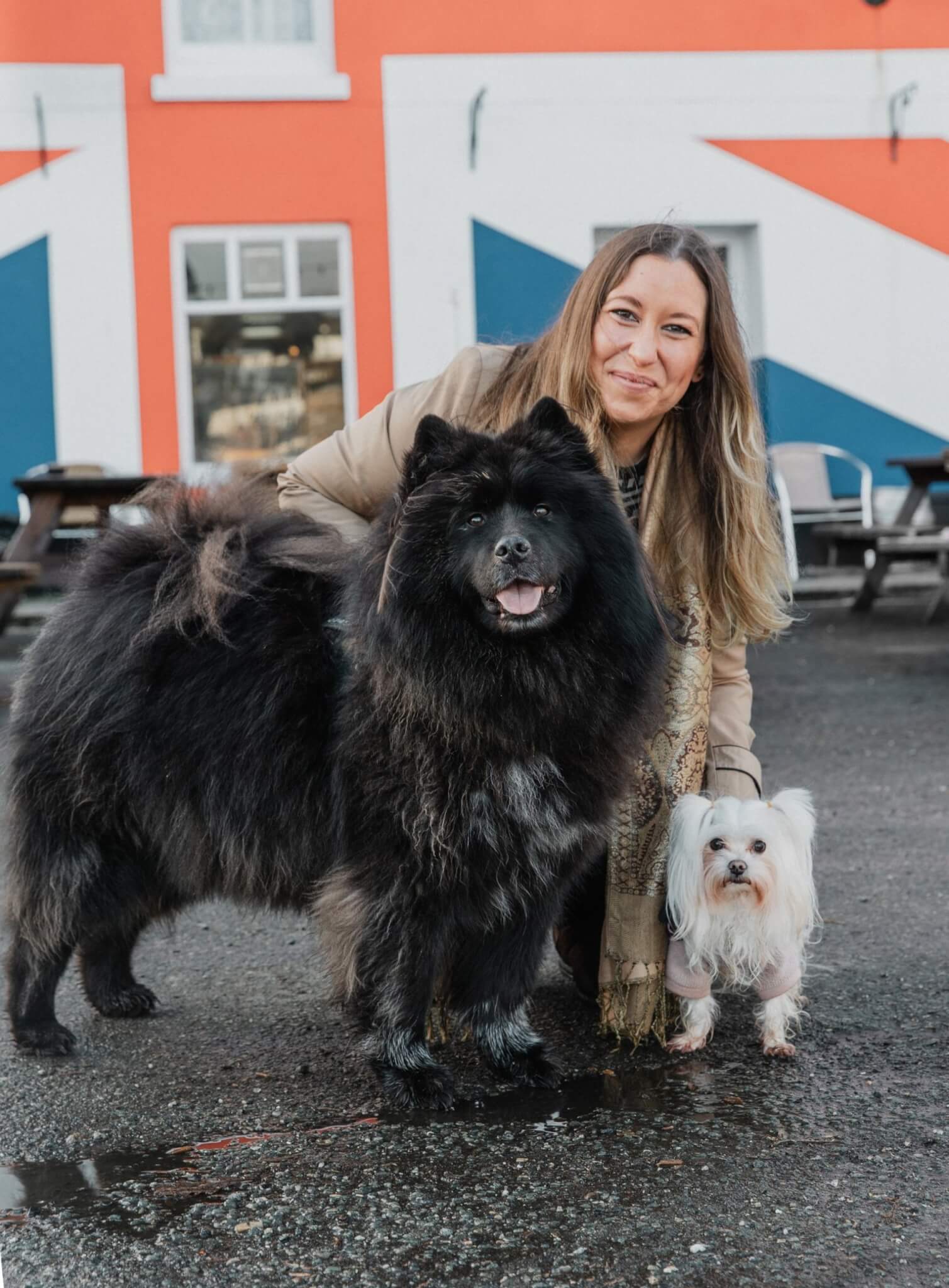 Woman crouching with a large black fluffy dog and a small white dog outside a building painted with a Union flag