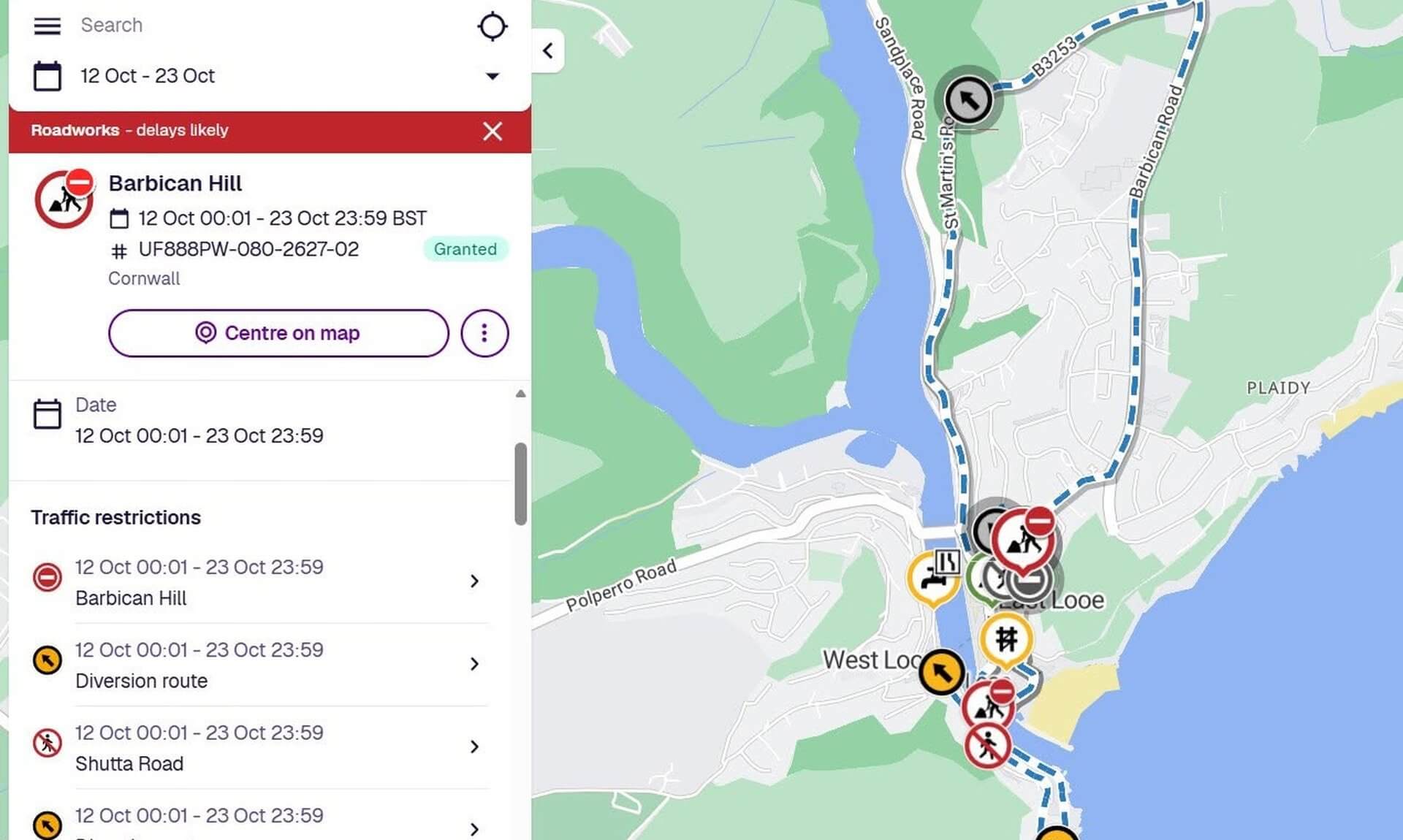 Map of the Barbican Hill road closure and diversion route in East Looe