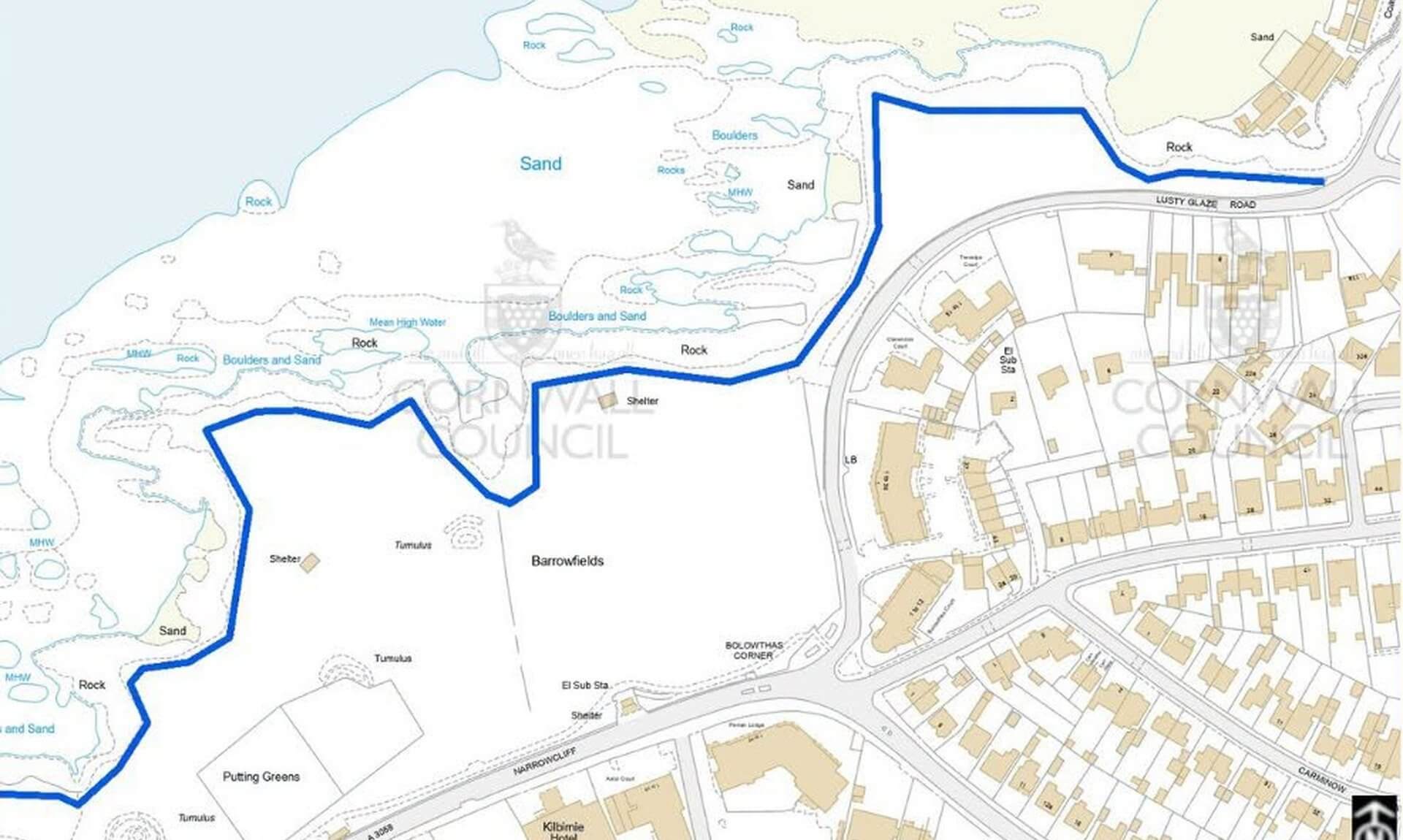 Map of Barrowfields, Newquay, with the clifftop fencing line marked in blue