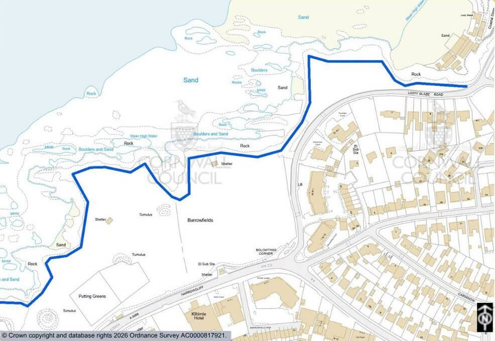 Map of Barrowfields, Newquay, with the clifftop fencing line marked in blue