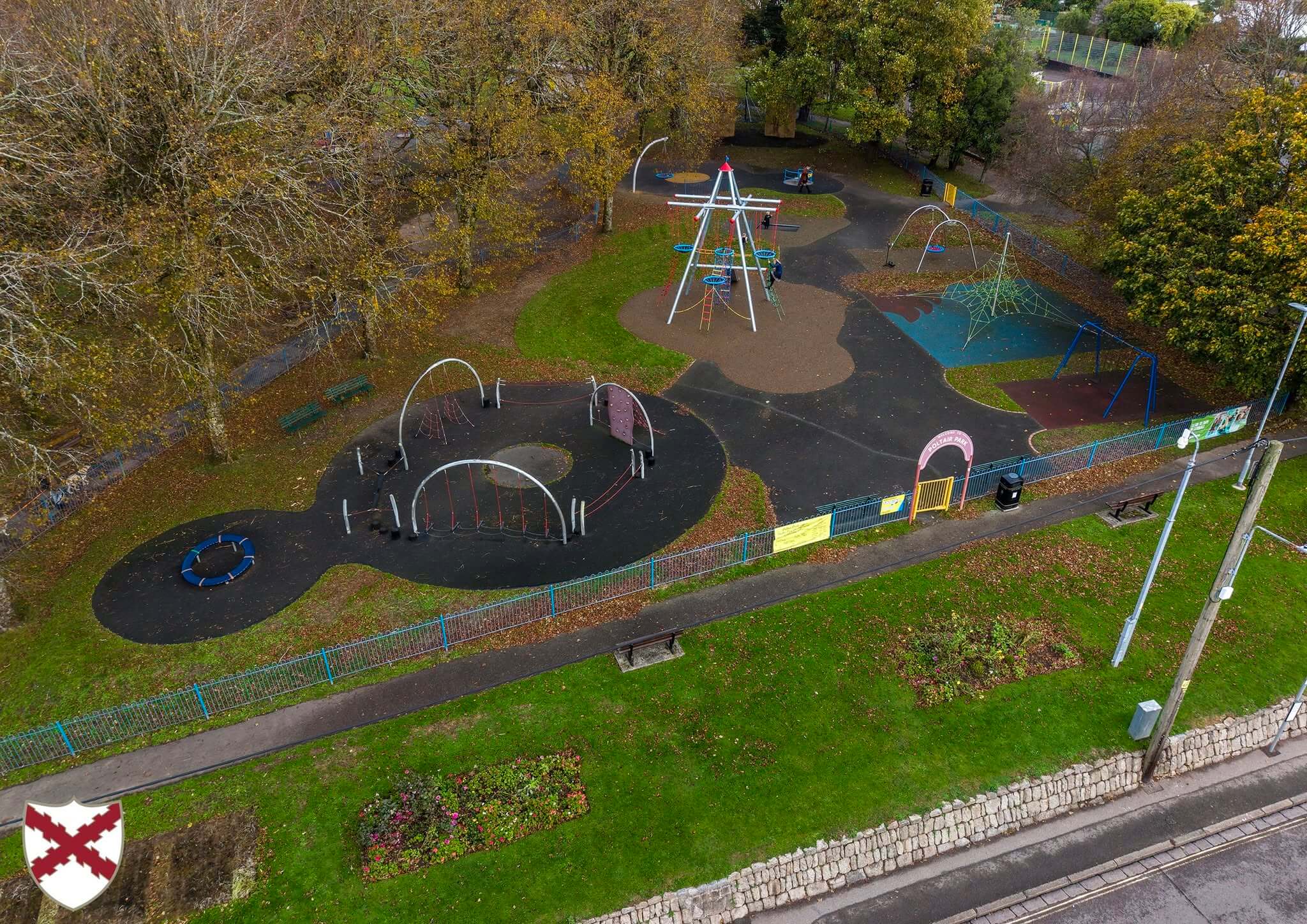 Aerial view of the play area at Poltair Park, St Austell, with the new Bird's Nest Tower