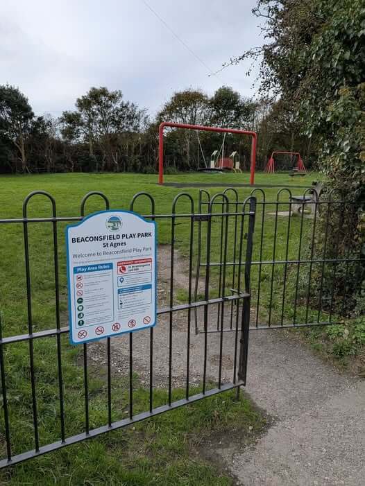 Gate and sign at Beaconsfield Play Park in St Agnes