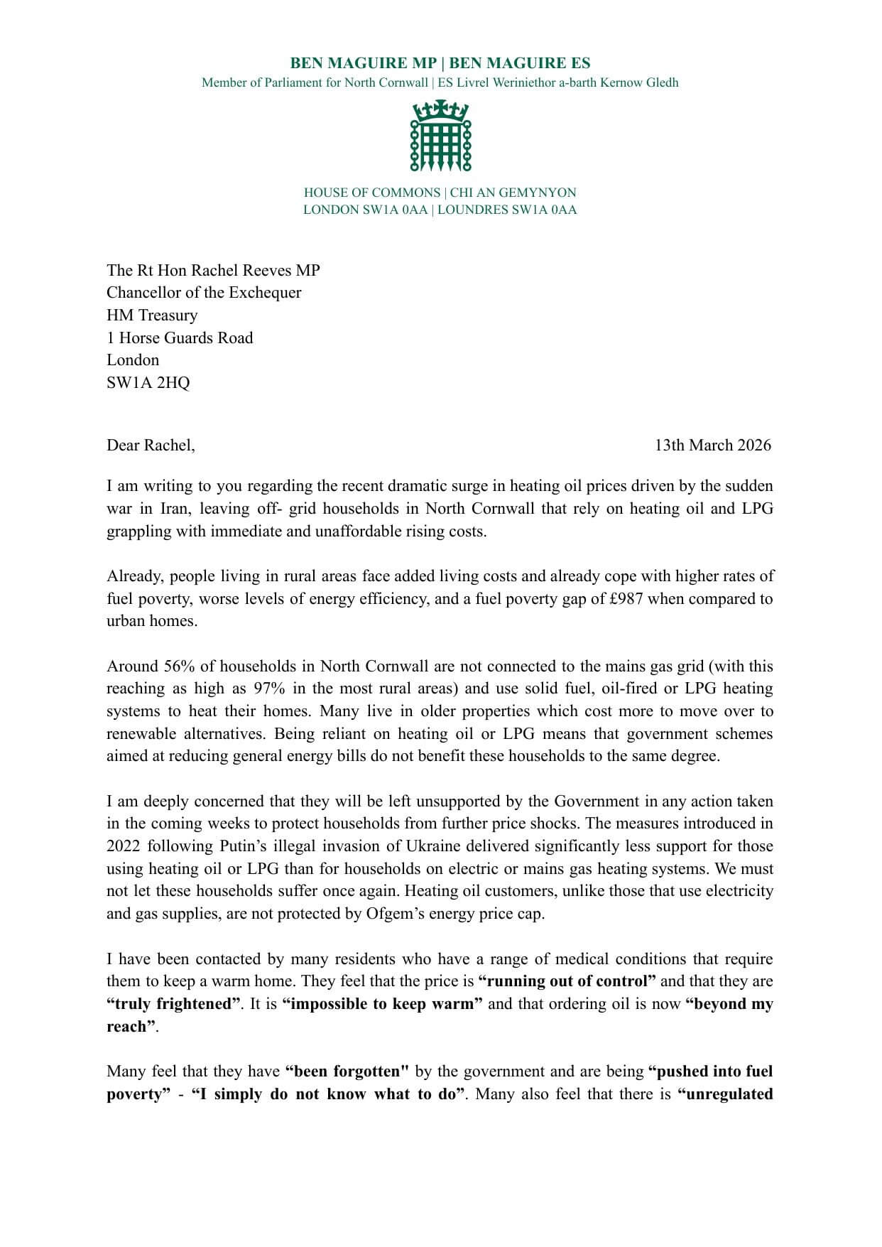 Page one of Ben Maguire's letter to Chancellor Rachel Reeves about heating oil and LPG