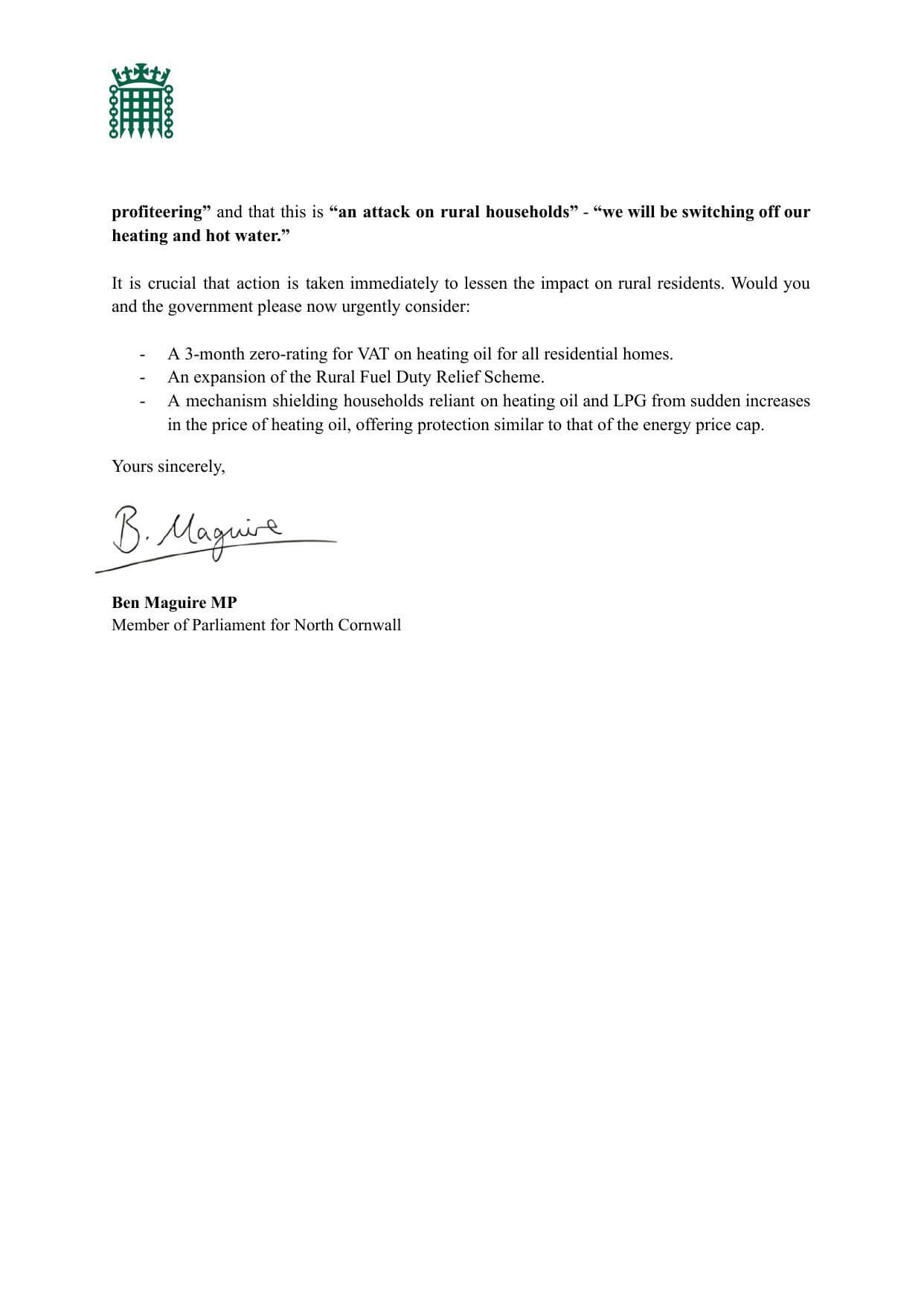 Page two of Ben Maguire's letter to Chancellor Rachel Reeves about heating oil and LPG