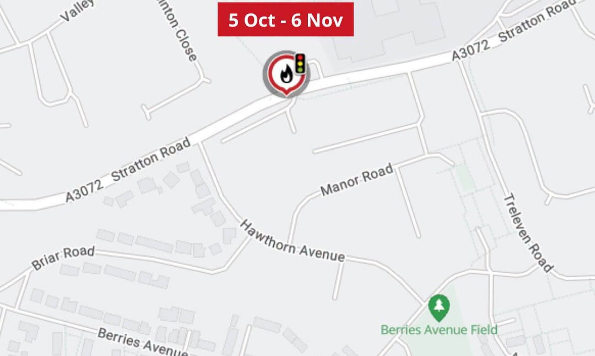 Map showing the location of gas upgrade works on the A3072 Stratton Road in Bude