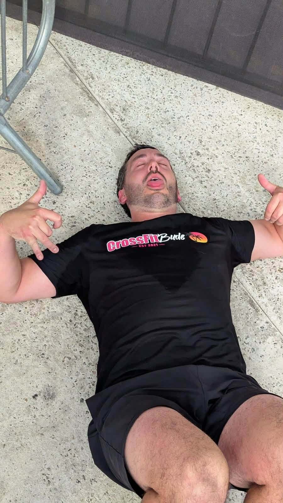 Exhausted competitor lying on the floor after the KeltX race